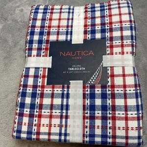 NIP Nautica Tablecloth Oblong 60"x 120" Americana Red White Blue Plaid July 4th